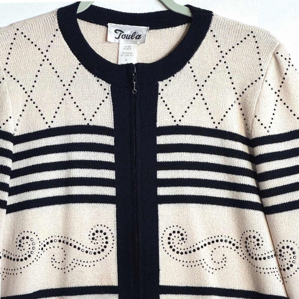 Vtg Toula Wool Blend Knit Cardigan Cream Black Beaded Old Money Deadstock